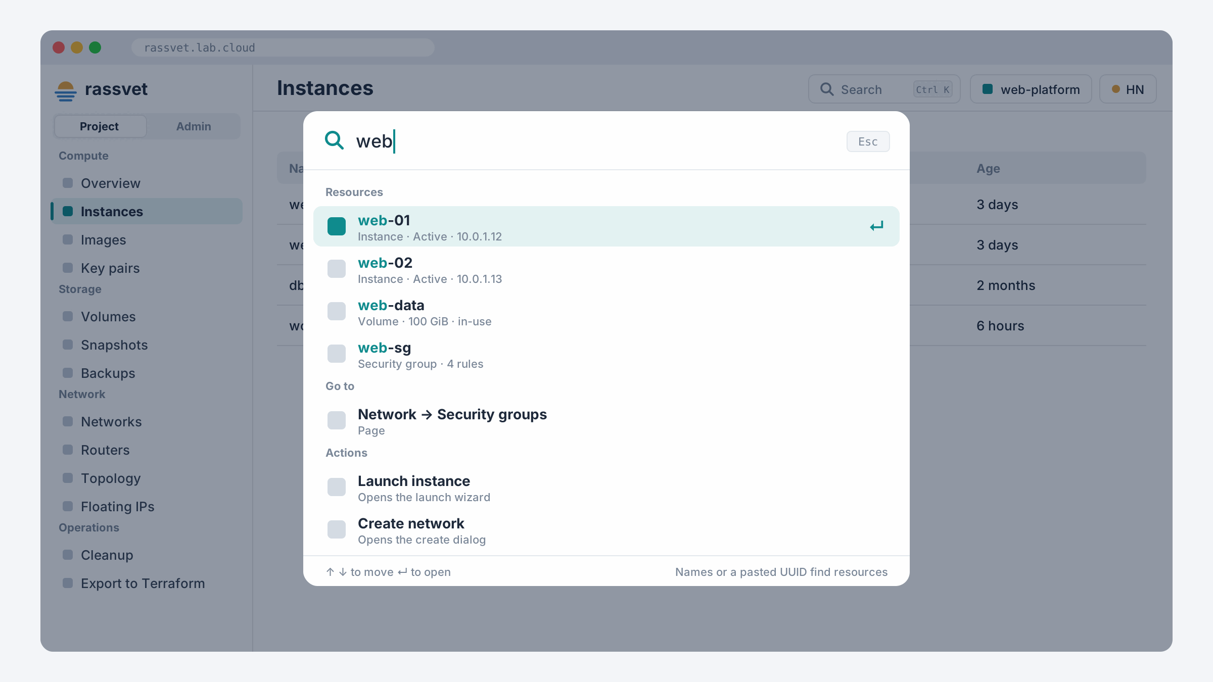 Command palette searching "web" across instances, volumes, security groups, pages and actions