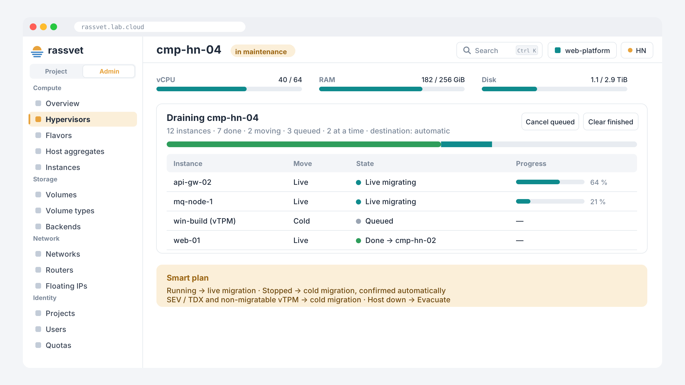 Draining a compute host: capacity meters, overall progress and per-instance live migration progress