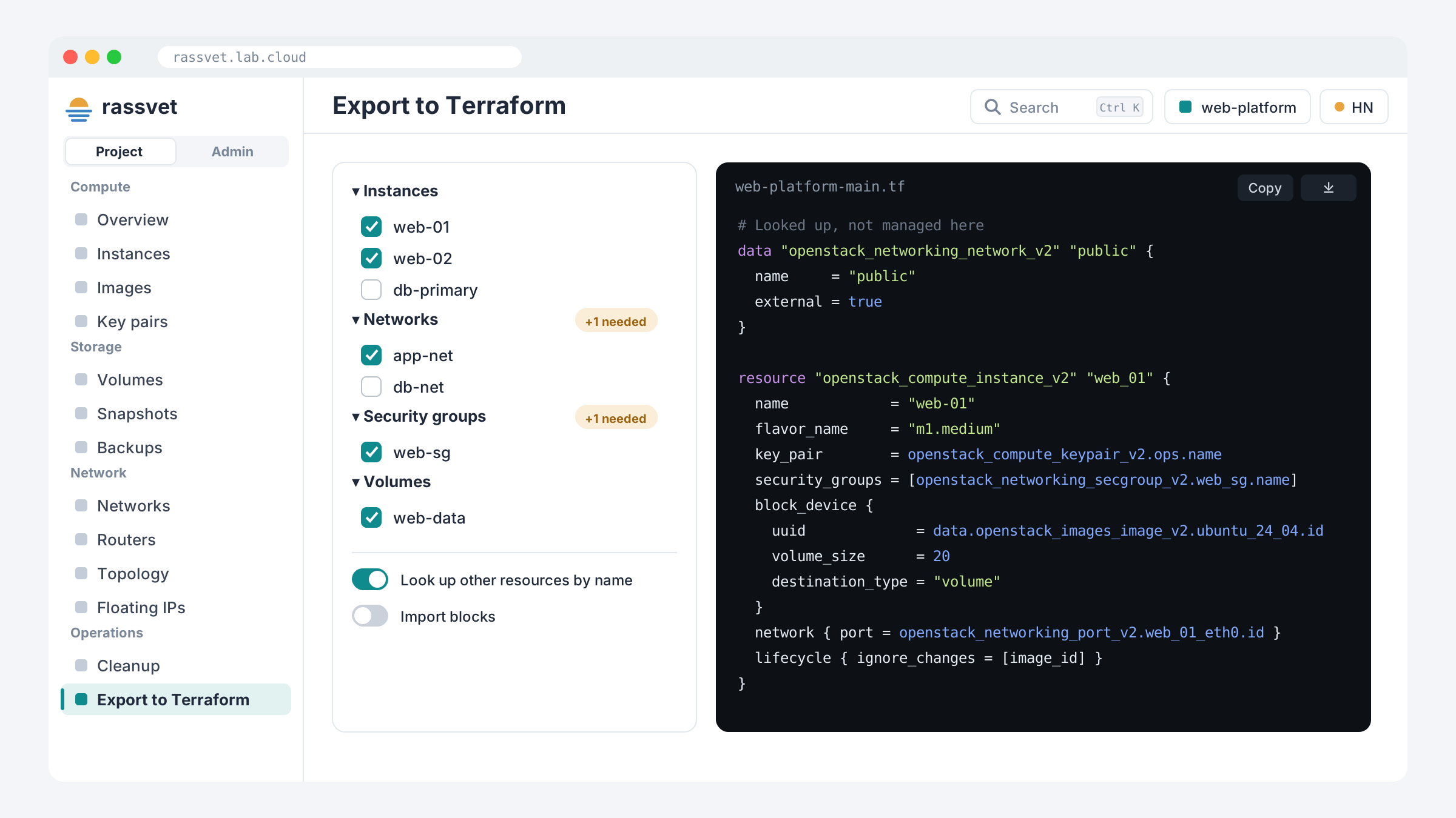 Terraform export: resource checklist on the left, generated HCL on the right