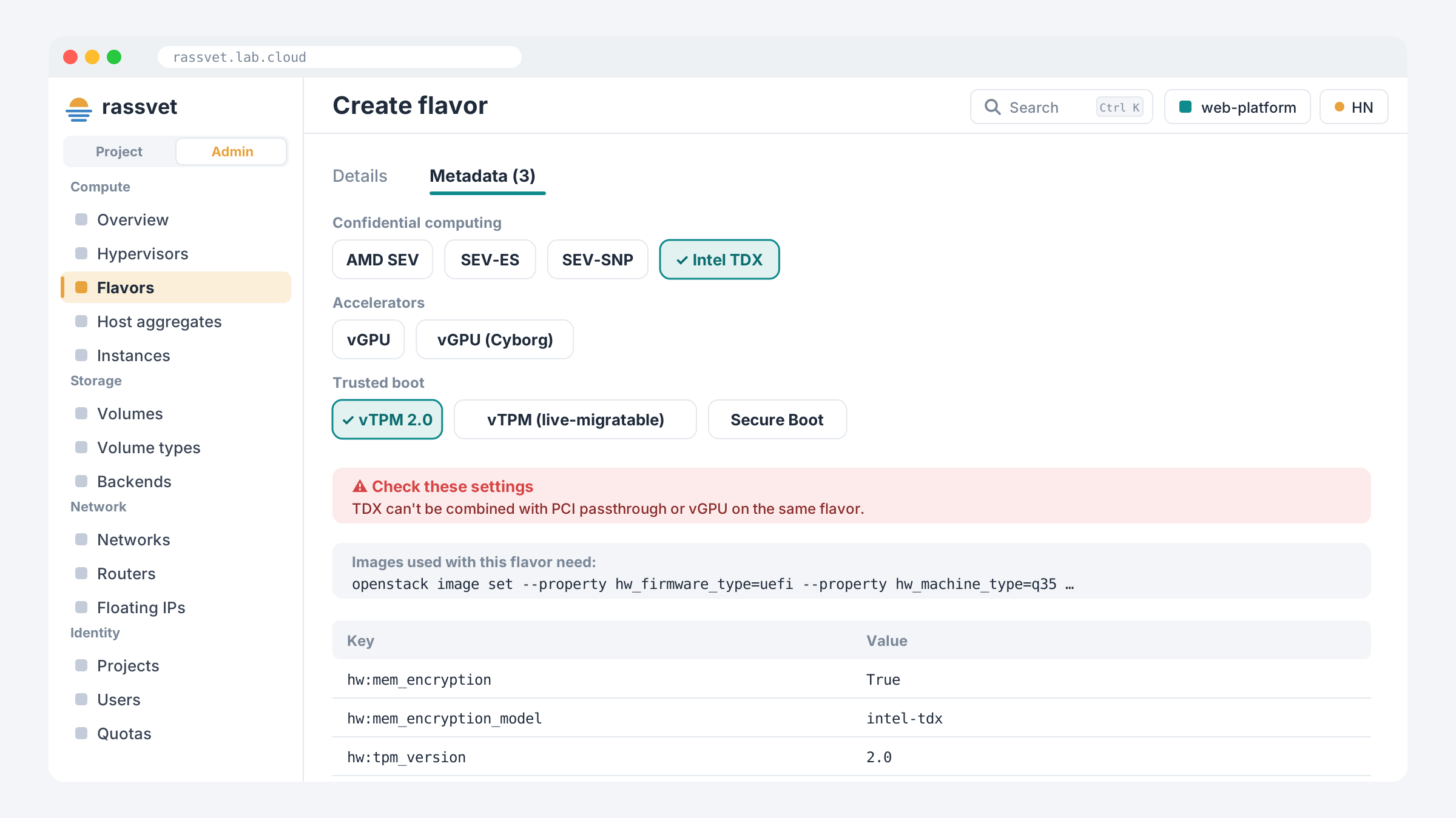 Flavor presets for TDX and vTPM with a conflict warning and the required image properties
