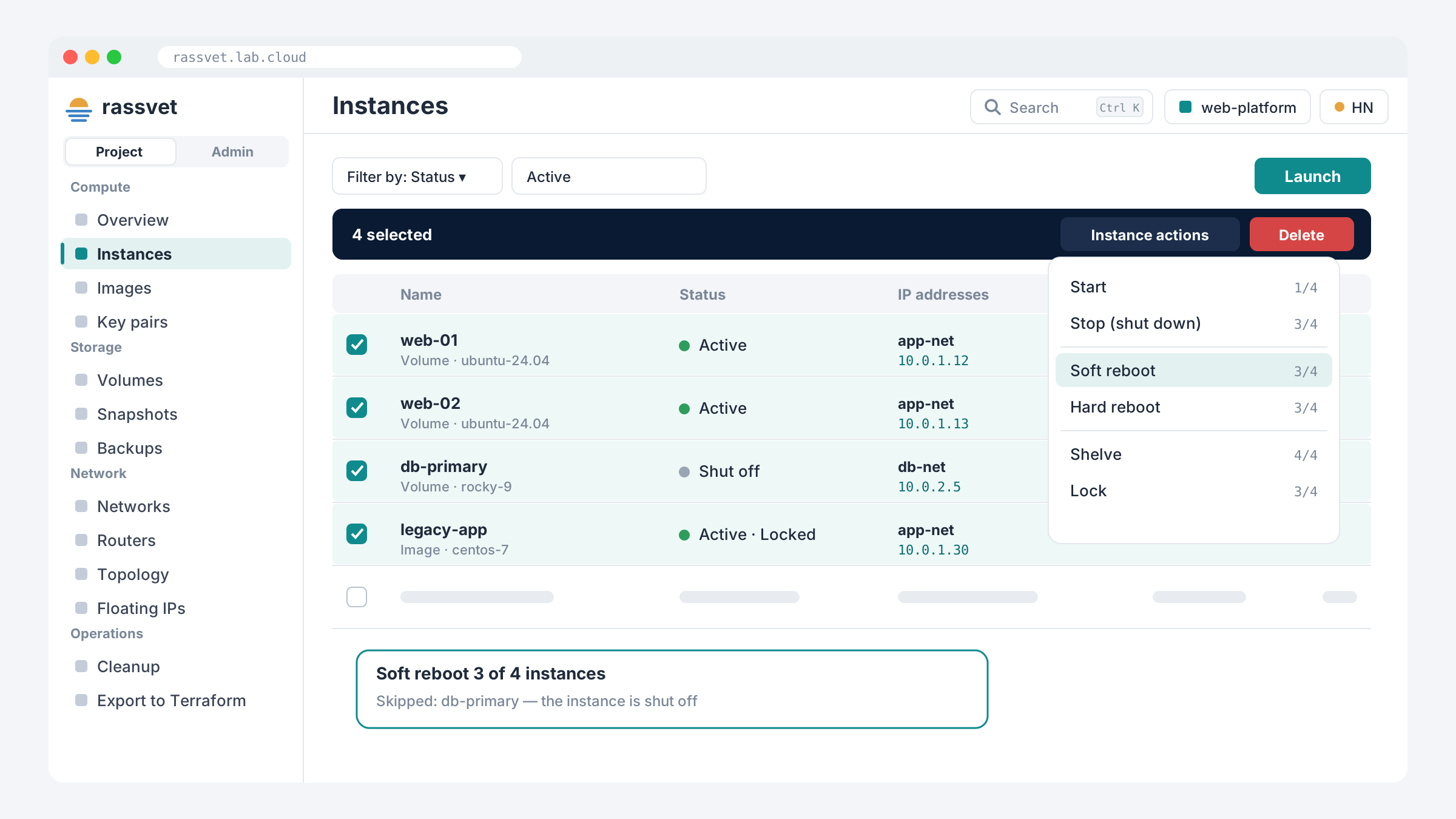 Instances list with four rows selected, the instance actions menu showing how many rows each action applies to, and a skip reason
